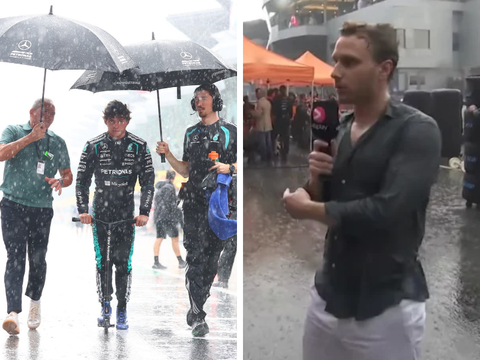 Populaire presentator zorgt voor hilariteit tijdens kletsnatte Grand Prix van Bahrein