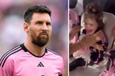 Lionel Messi schoot een vrije trap in het publiek en op een klein meisje. Haar vader is vooral vereerd. ©Getty Images/X, beeldbewerking Sportnieuws.nl