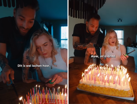 Schaatskoppel Joy Beune en Kjeld Nuis viert feestje met enorme taart: 'Het ziet er wel heel romantisch uit'