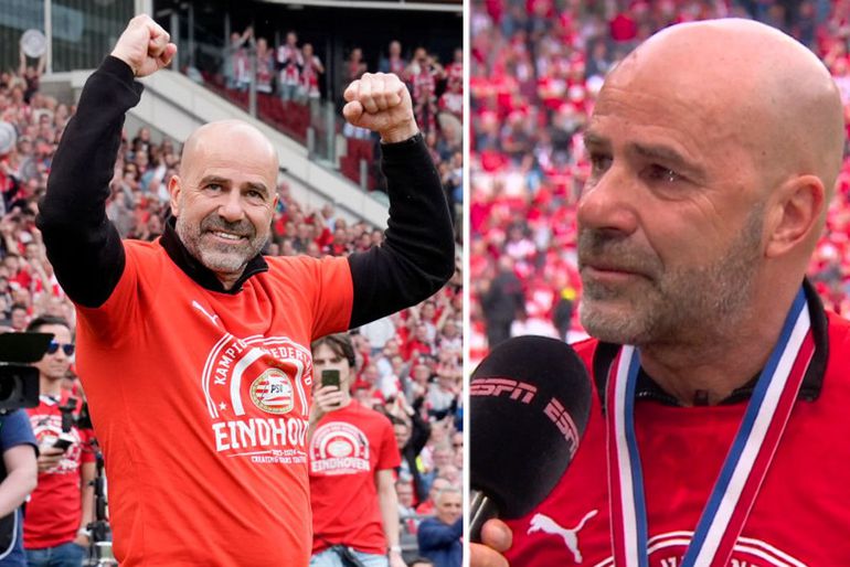 Peter Bosz plotseling in tranen tijdens titelfeest PSV: 'Hij hoort hier bij te zijn'