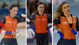 Suzanne Schulting (l), Femke Kok en Jutta Leerdam (r) staan namens Nederland aan de start van het EK Sprint. © Getty Images