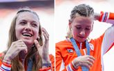 Femke Bol straalde helemaal bij de huldiging van haar gouden medaille op de 4x400 meter gemengd estafette. ©Getty Images, beeldbewerking Sportnieuws.nl.