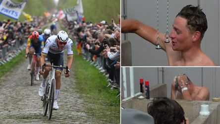 Mathieu van der Poel duikt zonder enige privacy onder iconische douche na winnen Parijs-Roubaix
