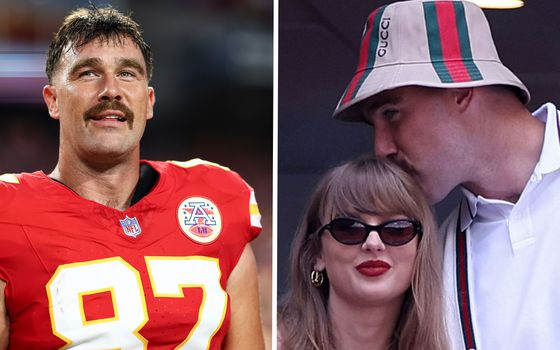 Travis Kelce met peperduur hoedje en snor samen met vriendin Taylor Swift vol in beeld tijdens finale US Open