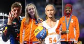 Max Verstappen, Femke Bol, Worthy de Jong en Sifan Hassan. Getty Images, beeldbewerking Sportnieuws.nl