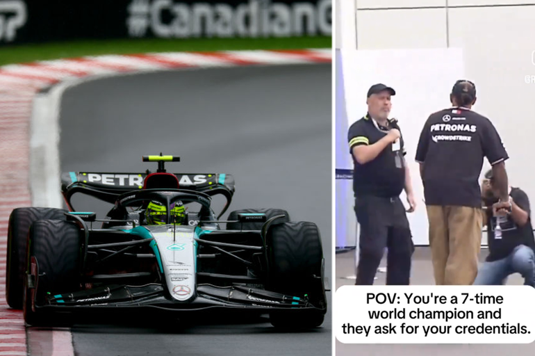 Hilariteit als overijverige beveiliger steppende Lewis Hamilton om ID vraagt bij GP Canada