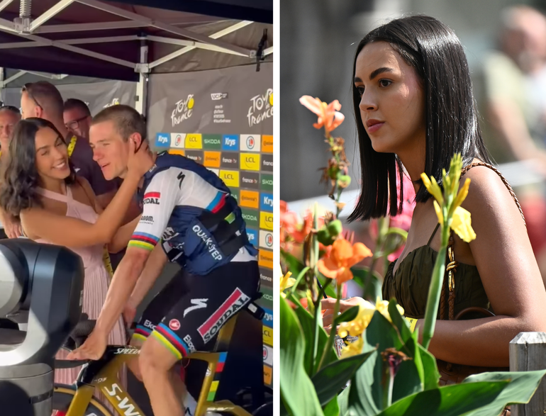 Veelbesproken vrouw (25) duikt op in Tour de France: Remco Evenepoel krijgt kus en knuffel na ritzege