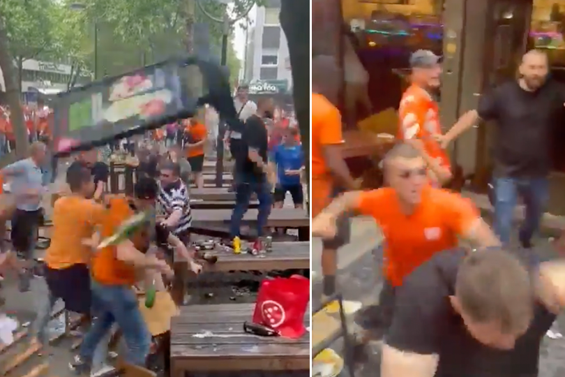 Video | Tafels en barkrukken vliegen door de lucht bij Nederlandse aanval op Engelse fans