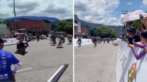 Ravage in wielerwedstrijd: onoplettende motor rijdt peloton verschrikkelijk onderuit vlak voor de streep