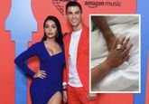 Georgina Rodríguez en Cristiano Ronaldo bij de MTV EMA's en Rodríguez die haar verlovingsring showt © GettyImages, Instagram @georginagio, beeldbewerking Sportnieuws.nl