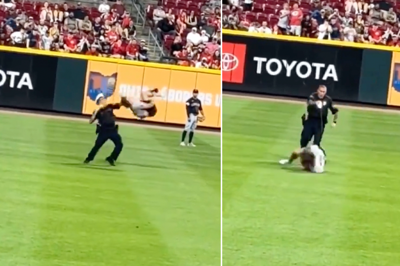 Amerikaanse MLB-fan bestormt het veld en wordt na backflip getaserd door politieagent