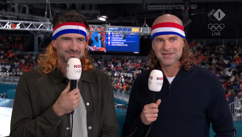 Erben Wennemars en Mark Tuitert zorgen voor hilariteit met 'Jorrit Bergsma-look' tijdens olympische 10.000 meter
