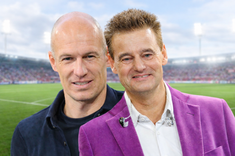 Vandaag Inside-presentator Wilfred Genee en ex-topvoetballer Arjen Robben ©NLBeeld, bewerking Sportnieuws.nl