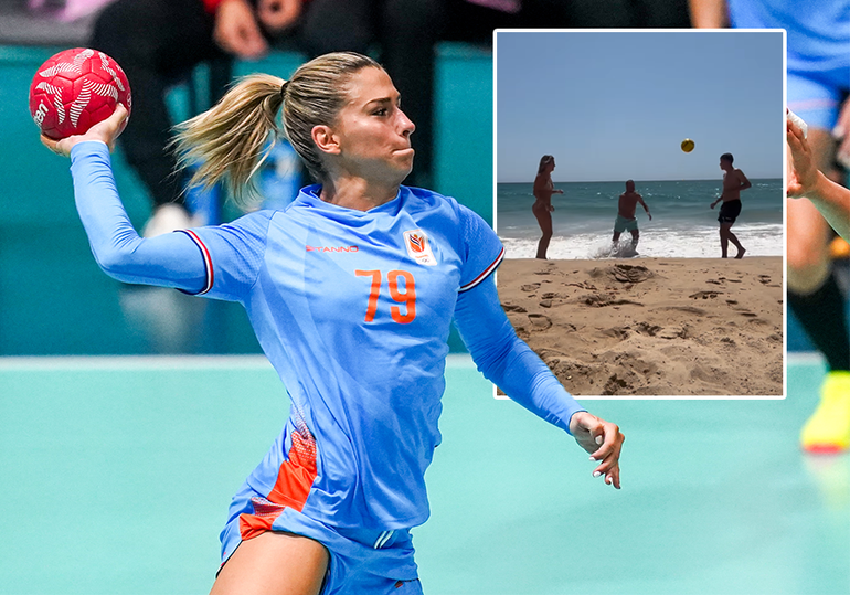 Tophandbalster Estavana Polman showt voetbalskills met Rafael en Damián van der Vaart