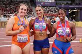 Jorinde van Klinken (l) met de gouden Valarie Allman (m) en de bronzen Silinda Morales. © Getty Images