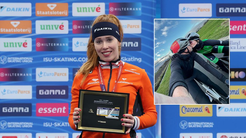 Topschaatsster Antoinette Rijpma-de Jong deelt zoen uit onder lastige omstandigheden