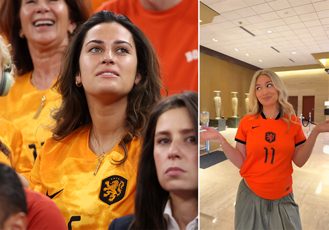 Spelersvrouwen Kaylee Aké (Nathan Aké) en Noa van der Bij (Cody Gakpo) vermaken zich op WK voetbal