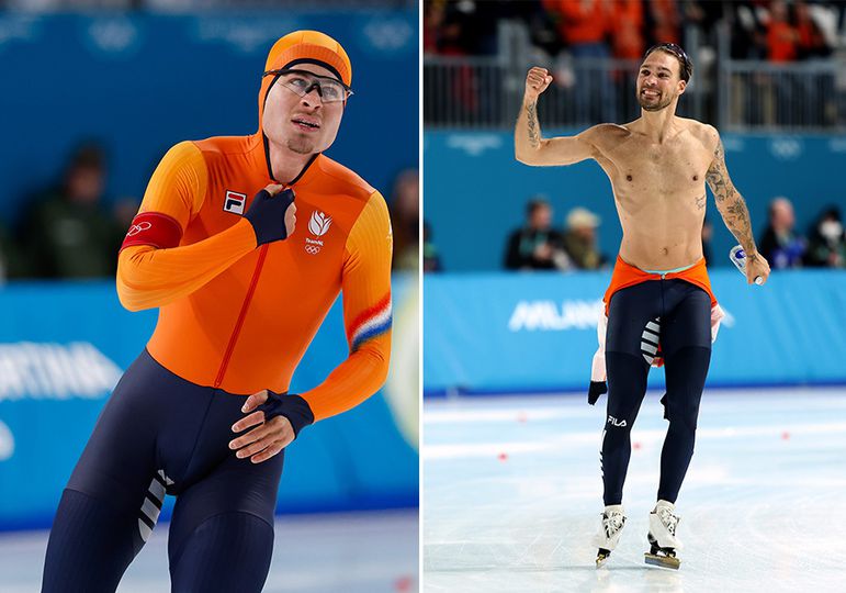 Kjeld Nuis (r) is dolblij met het olympisch brons op de 1500 meter. Joep Wennemars valt net buiten het podium. © Pro Shots / Getty Images