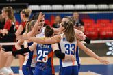 De Nederlandse volleybalsters vieren een punt tegen Duitsland. © Getty Images