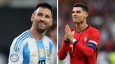 Lionel Messi staat op eenzame hoogte terwijl Cristiano Ronaldo een dreun krijgt. ©Getty Images