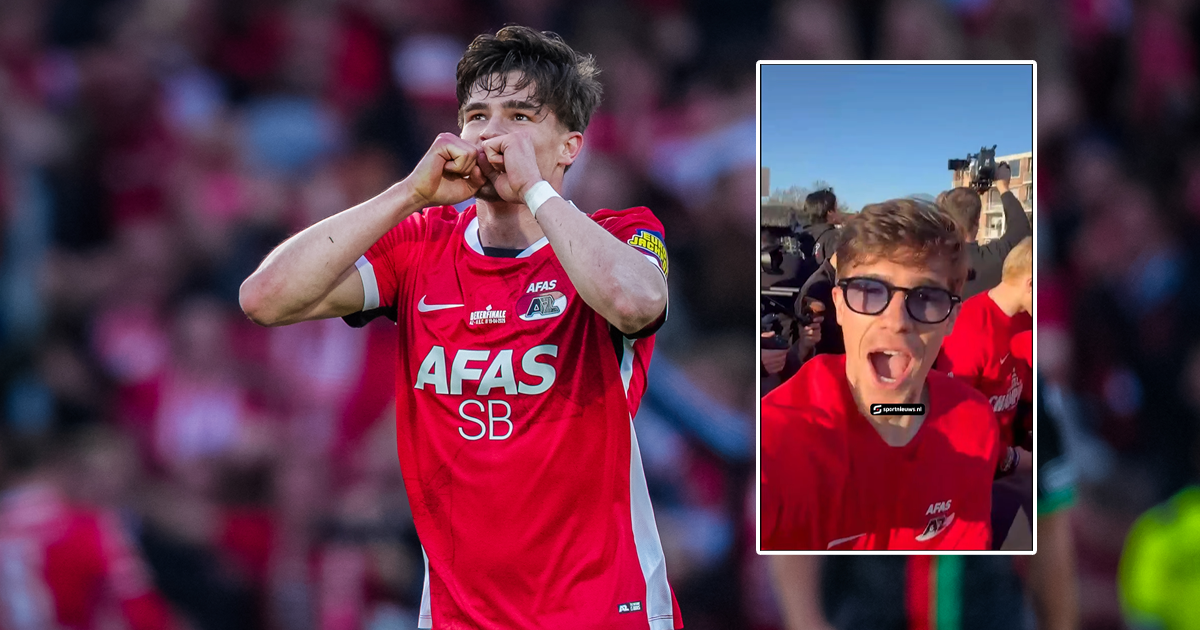 Wouter Goes steelt show bij bekerhuldiging: AZ-speler pakt telefoon van fan tijdens feestgedruis