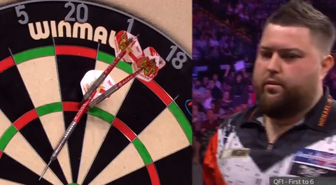 Bijzonder moment bij Premier League Darts: raakt deze pijl het bord of niet?
