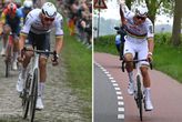 Mathieu van der Poel, links met zwarte broek, rechts met witte. © Getty Images
