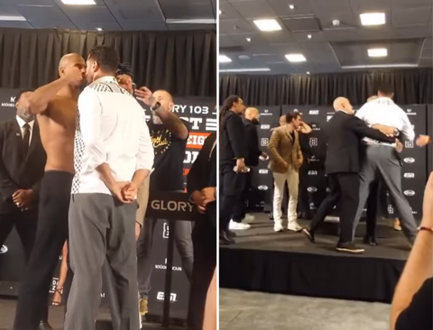 Chaos bij Glory: Jamal Ben Saddik en Levi Rigters vliegen elkaar aan tijdens staredown