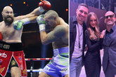 Tyson Fury en Oleksandr Usyk in gevecht, recht Rico Verhoeven, Rosie Huntington-Whiteley en Jason Statham © Getty Images en Instagram