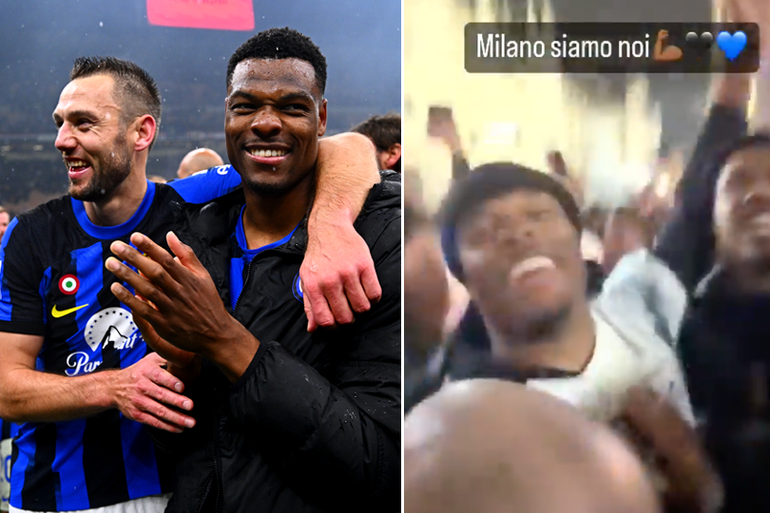Denzel Dumfries zingt met fans in de stad na kampioenschap Inter
