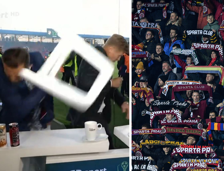 Bizarre beelden tijdens bekerfinale in Tsjechië: analisten worden bekogeld met stoel, massale vechtpartijen op het veld