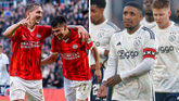 Het contrast tussen PSV en Ajax. Luuk de Jong en Hirving Lozano vieren feest. Steven Bergwijn baalt. ©Pro Shots, beeldbewerking Sportnieuws.nl.