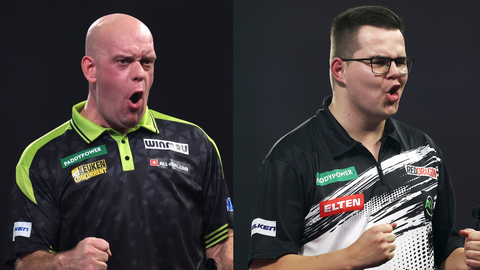Michael van Gerwen en Gian van Veen © Getty Images, beeldbewerking Sportnieuws.nl