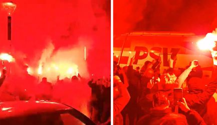 PSV-fans vieren feest na officieus kampioenschap: spelersbus opgewacht met fakkels en vuurwerk
