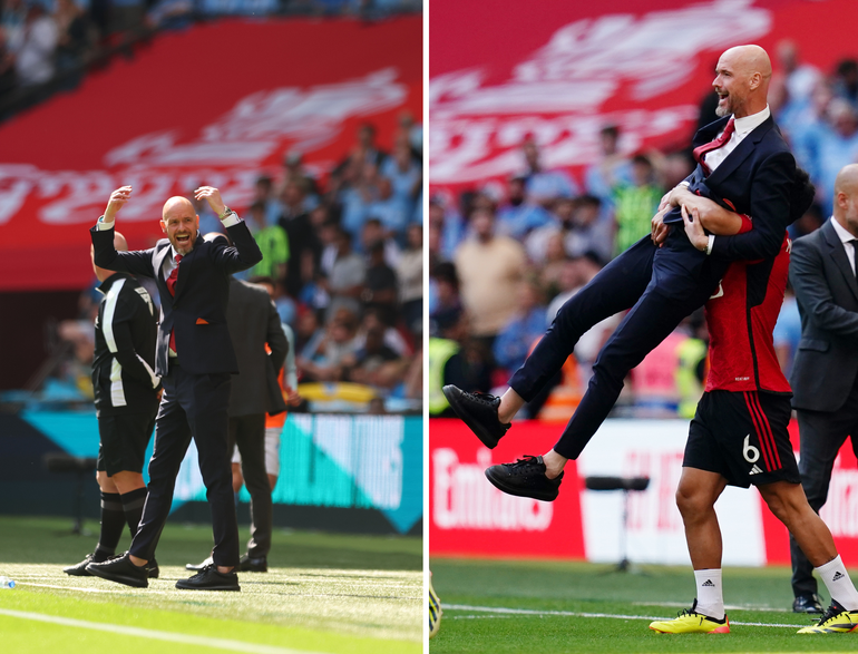 Spelers van Manchester United zorgen voor schitterend moment met Erik ten Hag: trainer brult het uit na winnen FA Cup