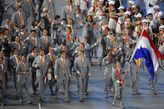 De Nederlandse enclave tijdens de Olympische Spelen van 2008 in Beijing, met Jeroen Delmee als vlaggendrager © Getty Images