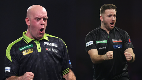 Michael van Gerwen en Arno Merk © Getty Images, beeldbewerking Sportnieuws.nl