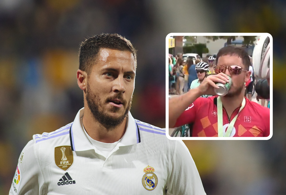 Ex-topvoetballer Eden Hazard geniet van biertje na zware toertocht op fiets