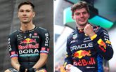 Primoz Roglic rijdt in de Tour de France bij Bora-hansgrohe in een opvallend Red Bull-tenue. ©Getty Images, beeldbewerking Sportnieuws.nl.