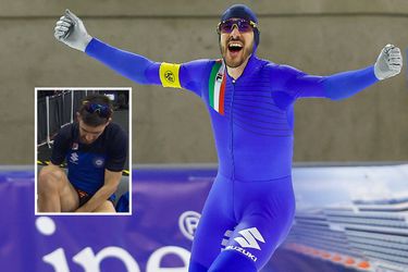 Onderbroek schaatstopper Davide Ghiotto zorgt na wereldrecord voor hilariteit: 'Dan heb je wel ballen'