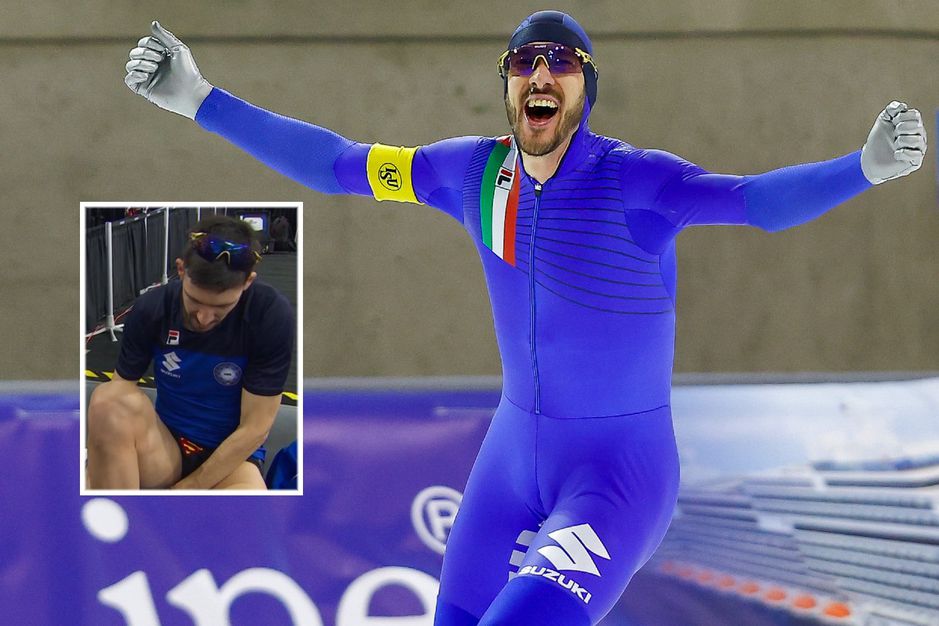 Onderbroek schaatstopper Davide Ghiotto zorgt na wereldrecord voor hilariteit: 'Dan heb je wel ballen'