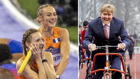 Koning Willem-Alexander laat zich door topatletes Femke Bol en Lieke Klaver verleiden tot bijzonder bezoek