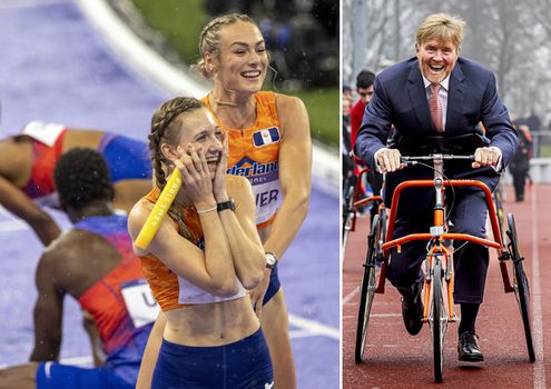 Koning Willem-Alexander laat zich door topatletes Femke Bol en Lieke Klaver verleiden tot bijzonder bezoek