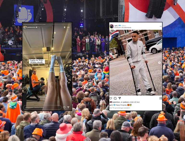 'Legpress voor Willy': Puck Moonen viert Koningsdag in de gym, PSV-speler Sergino Dest maakt er op krukken het beste van