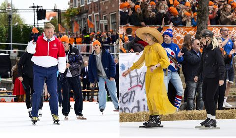 Koning Willem-Alexander en koningin Máxima schaatsen samen met gouden Marijke Groenewoud en Jens van 't Wout op Koningsdag