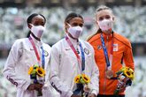 Femke Bol met mondkapje op de Spelen van Tokio. Getty Images.