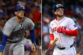 Danny Jansen links in actie voor Toronto Blue Jays en rechts voor Boston Red Sox. © Getty Images