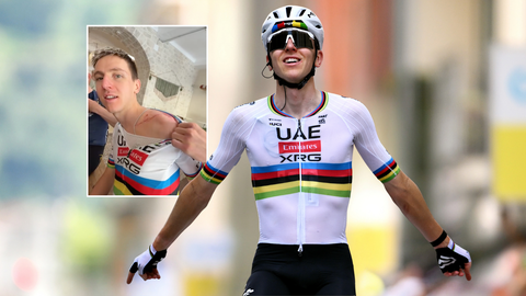 Herstellende Tadej Pogacar toont fors litteken op zijn laatste dag als wereldkampioen