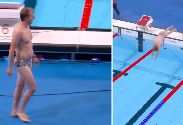 Hilariteit in olympisch zwembad: vrijwilliger duikt in wel erg strakke zwembroek plots het water in, maar had een goede reden