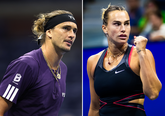Alexander Zverev en Aryna Sabalenka met gouden sieraden. Getty Images, beeldbewerking Sportnieuws.nl